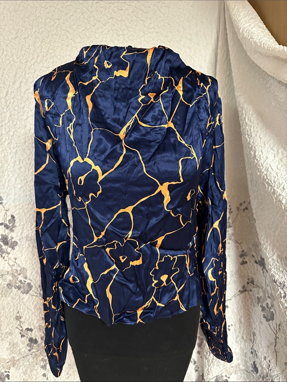 Astr Navy Satin top with Gold Abstract Floral